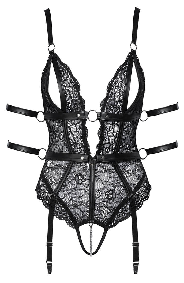 Soft bondage lace bodysuit with restraints