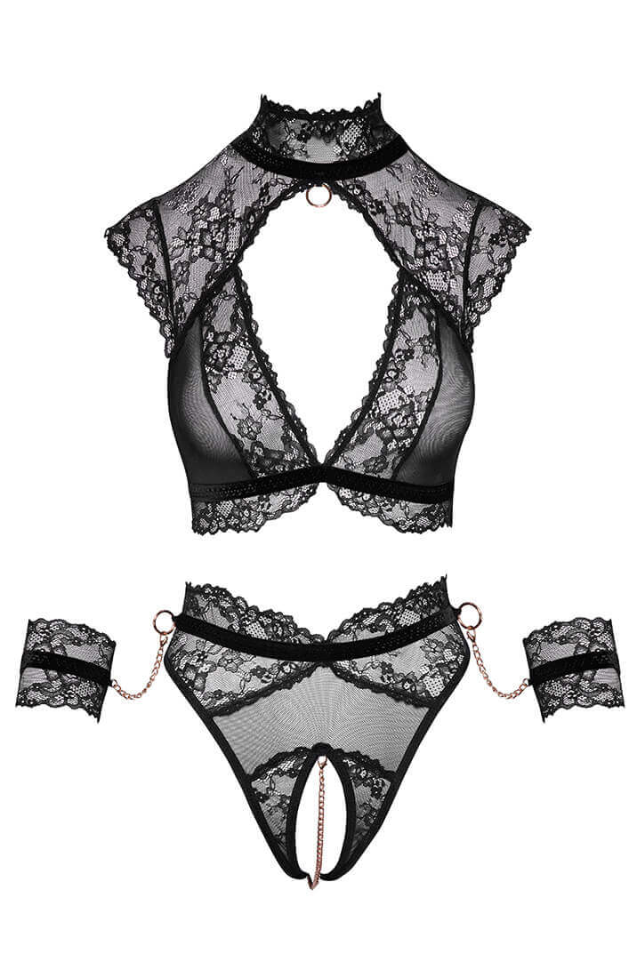 Soft bondage lace lingerie set with restraints