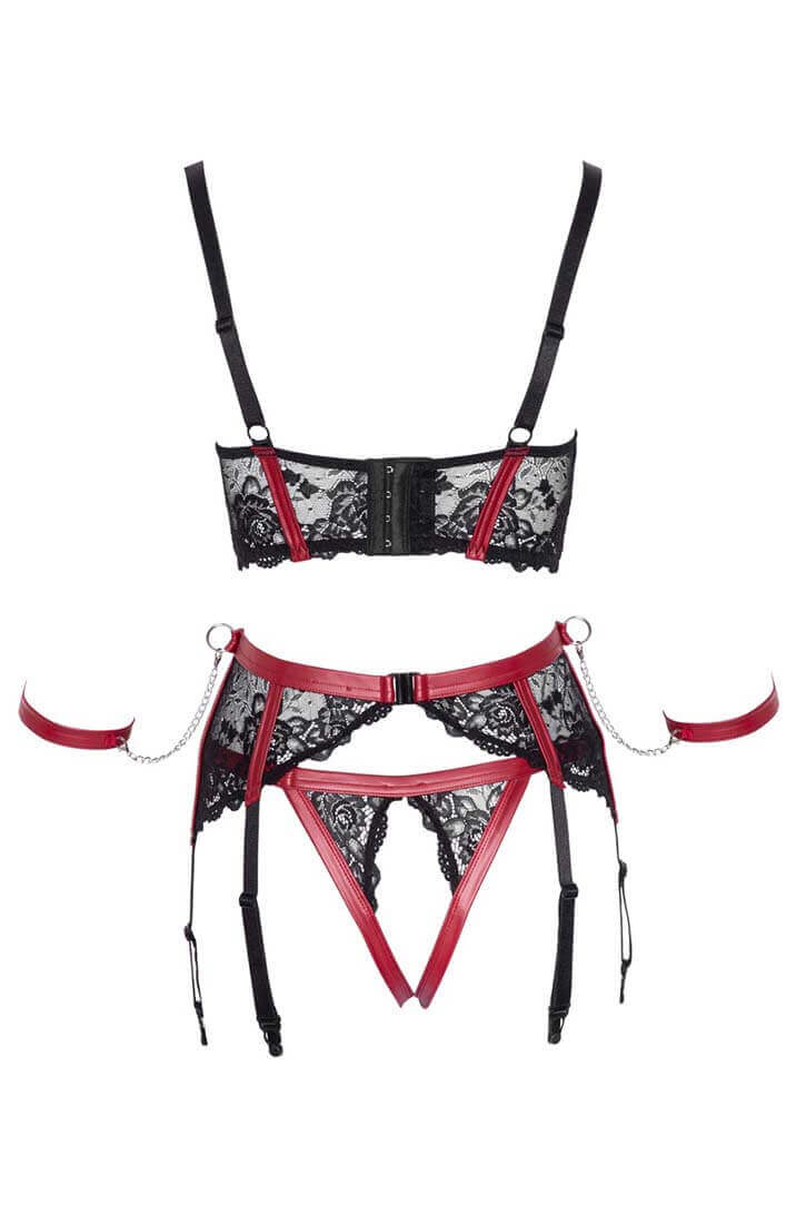 Red wet look and black lace shelf bra with adjustable garter belt suspenders and bondage chains