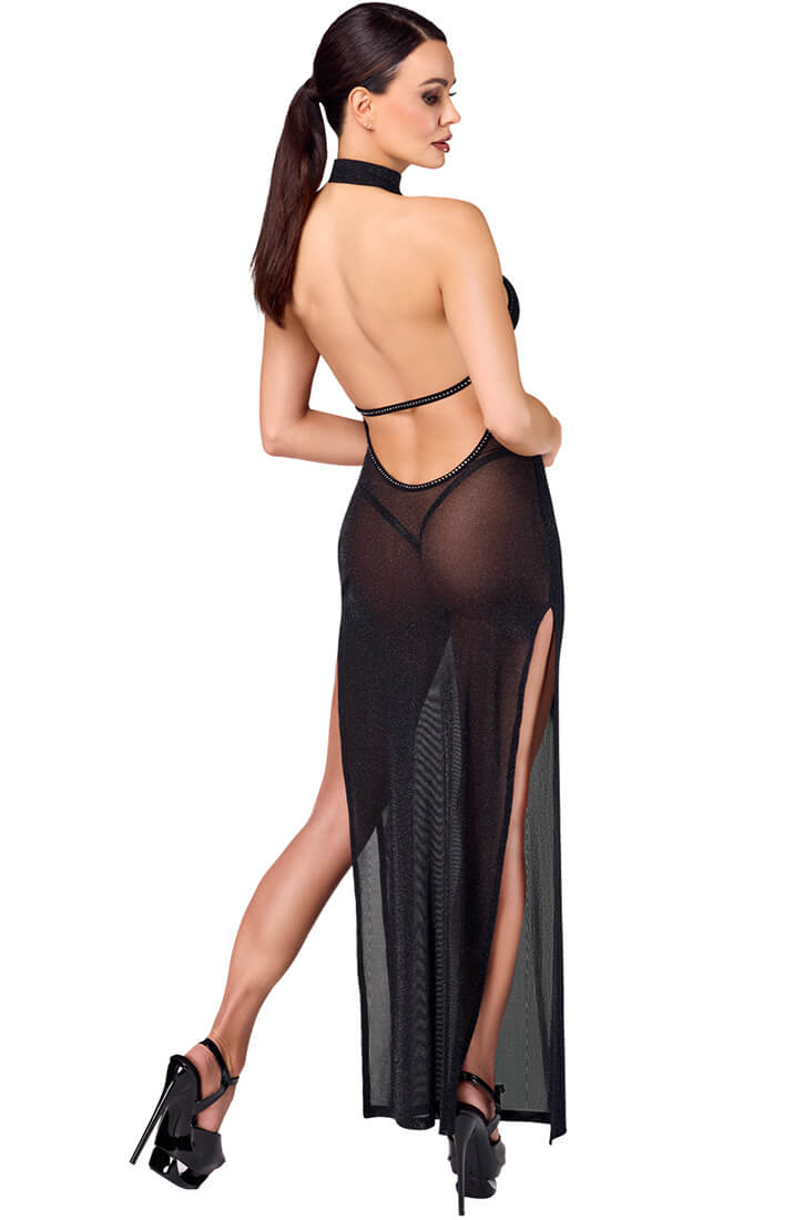 Sparkly sheer mesh gown with halterneck collar and rhinestone back strap