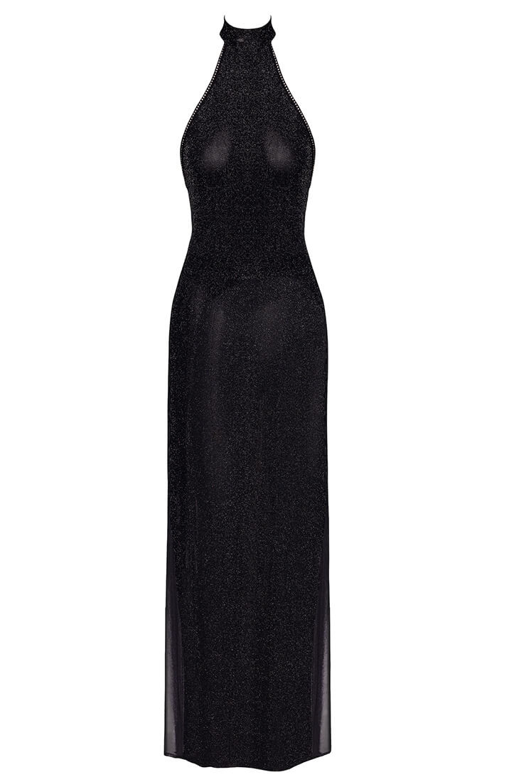 Transparent black glitter mesh evening dress with halterneck collar