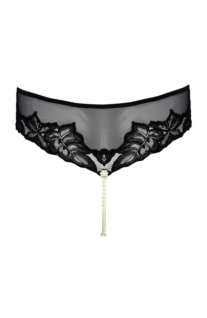 COAX Copenhagen black mesh brief with adjustable pearl ring and luxurious gold accents