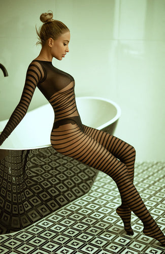 Striped black crotchless bodystocking