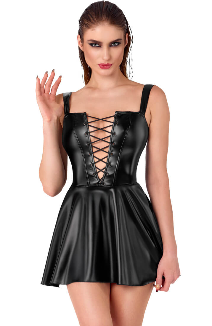 Sexy wet look mini dress by COAX Copenhagen featuring a square neckline and wide straps