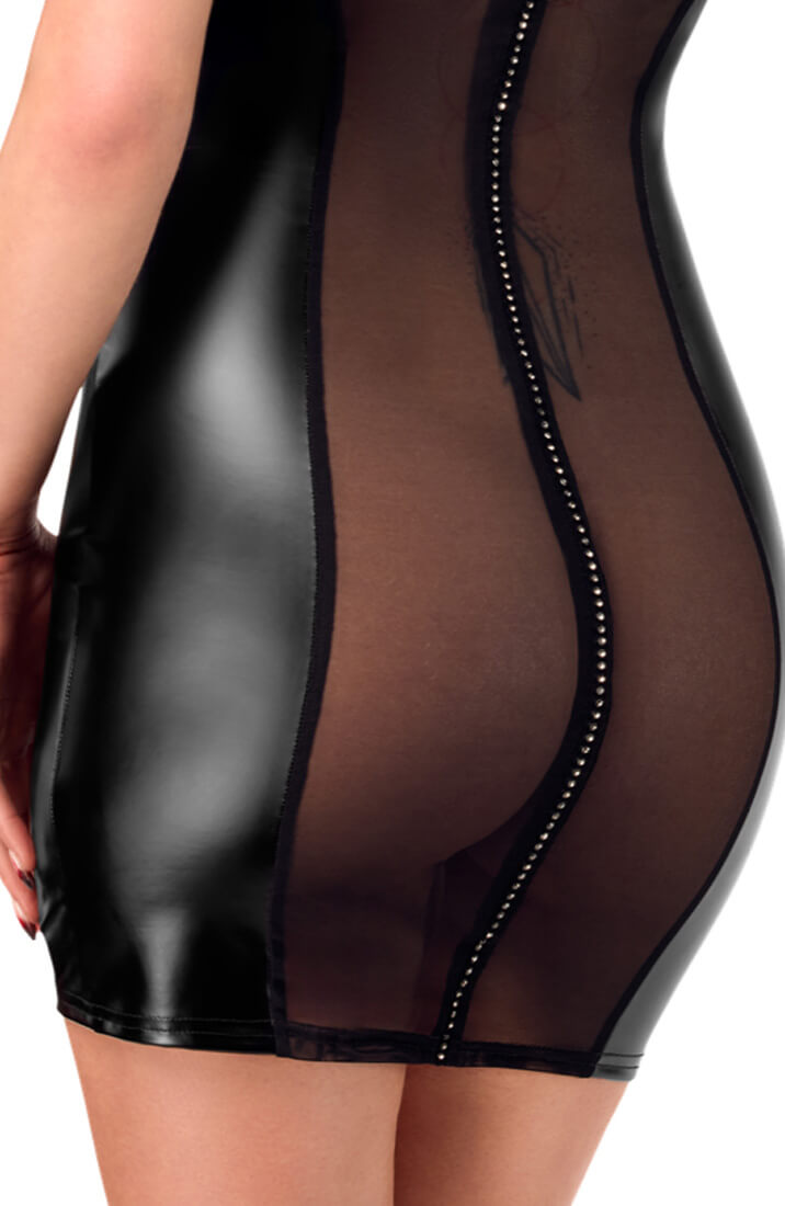 Transparent mesh and wet look mini dress with rhinestone detail | COAX Copenhagen fetish clothing