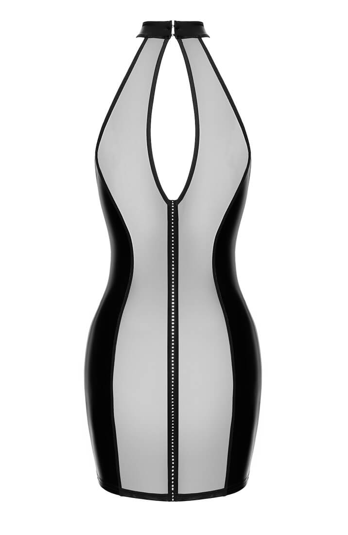 Black wet look and sheer mesh mini dress with crystal embellishment - COAX Fetish clothing