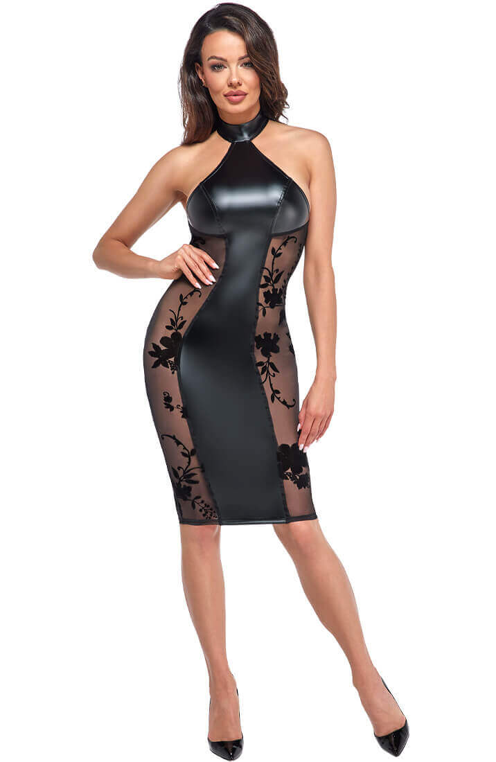 Wet look X sheer mesh halter neck dress