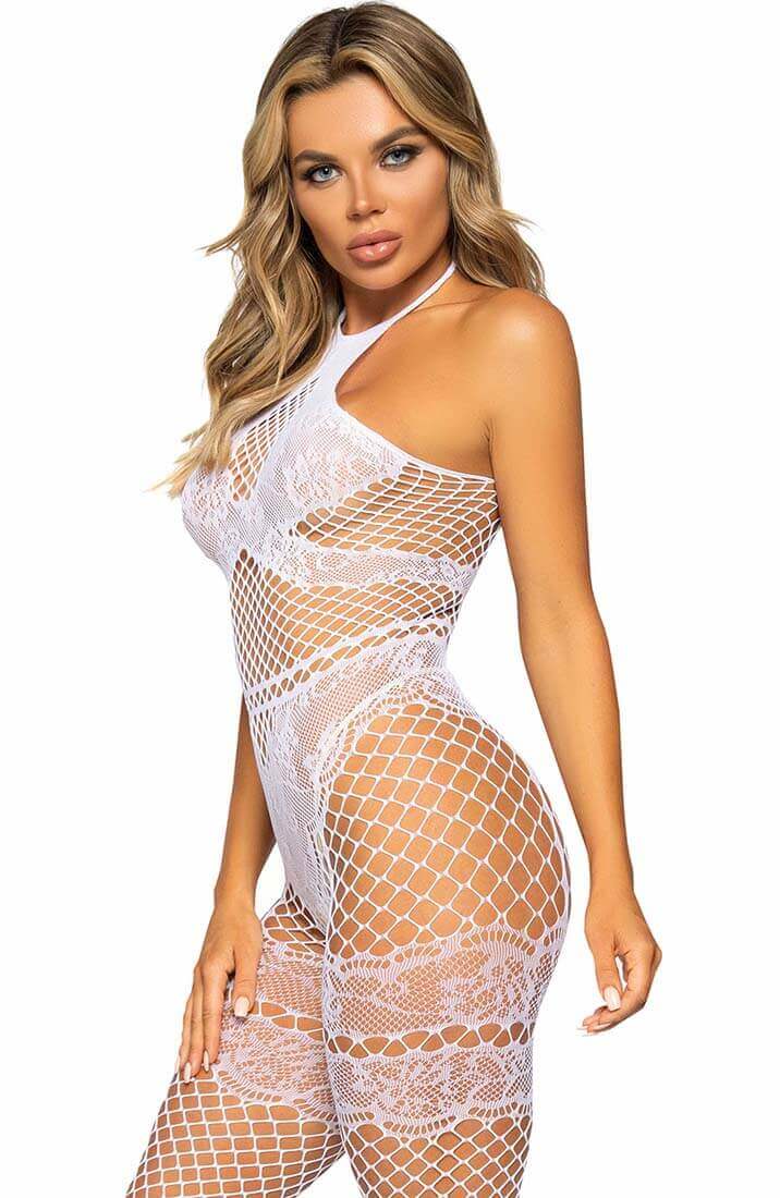 White crotchless halter neck bodystocking