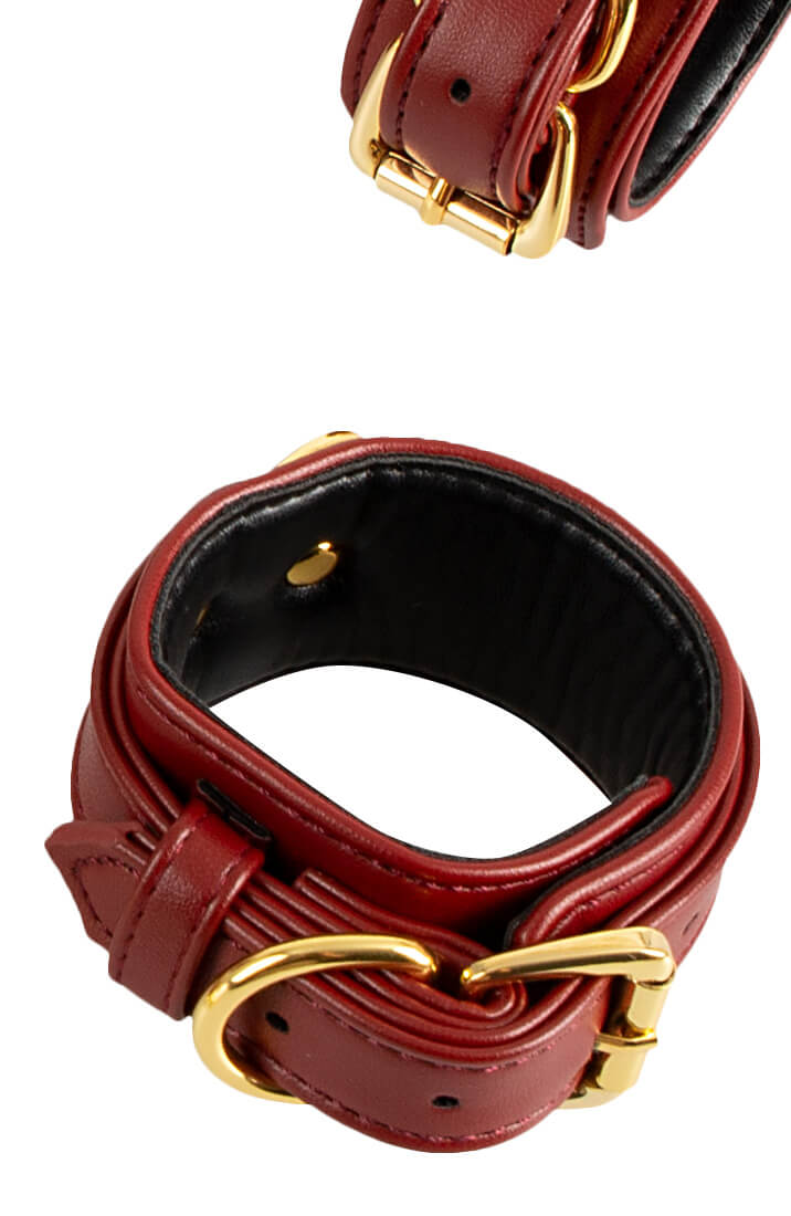 COAX Copenhagen red bondage cuffs set for wrists and thighs, elegant restraint