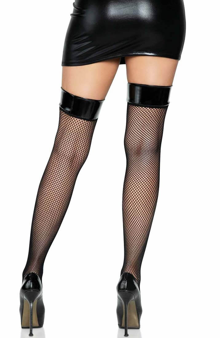 Fishnet stockings with vinyl top