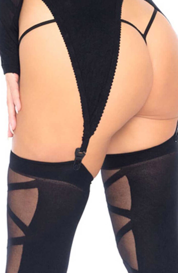 3 Pc opaque sheer faux lace-up bodystocking - Oh Snap!