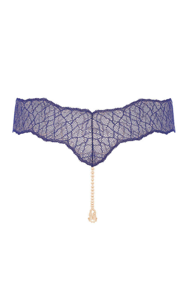 COAX Copenhagen blue thong with double pearl detail and luxurious lace texture