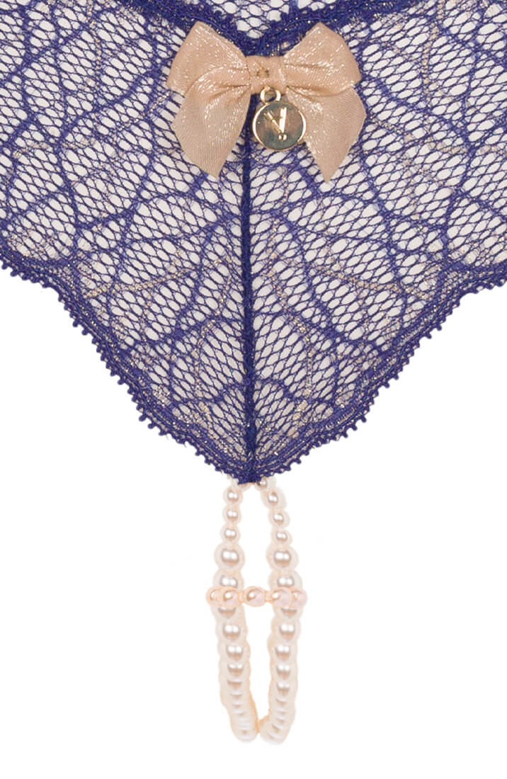 Elegant blue lace thong with gold accents and dual pearl string - COAX Copenhagen