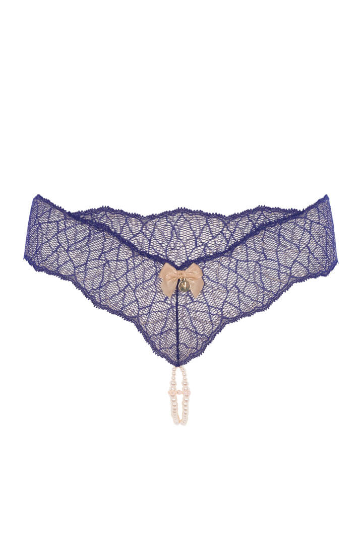 Blue Italian lace thong with white Manacor pearls and sensual fit from COAX Copenhagen