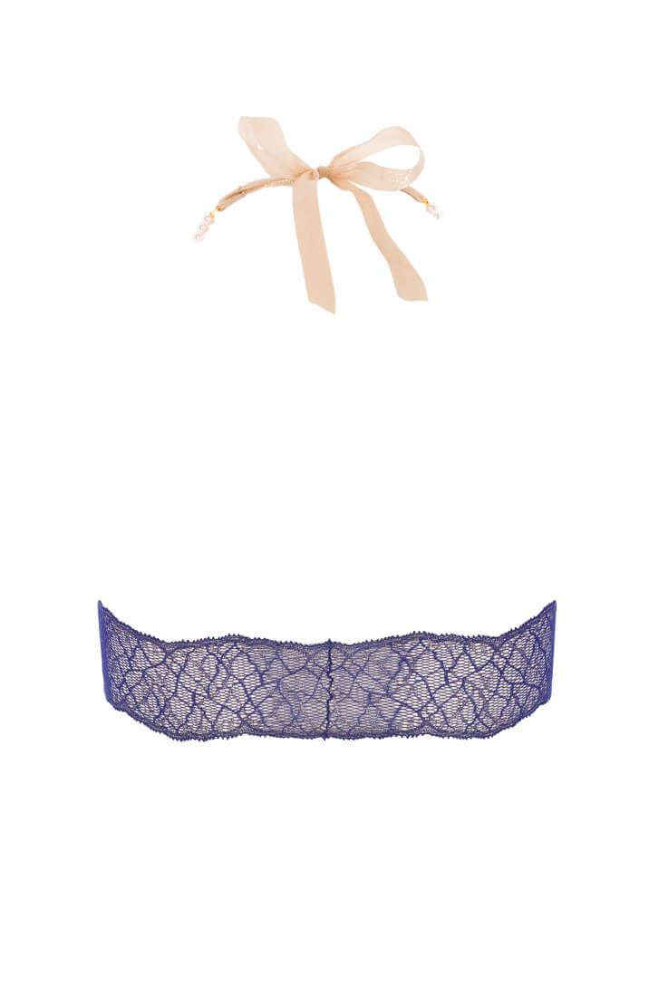 COAX Copenhagen blue lace bralette designed with Manacor pearl choker for timeless seduction