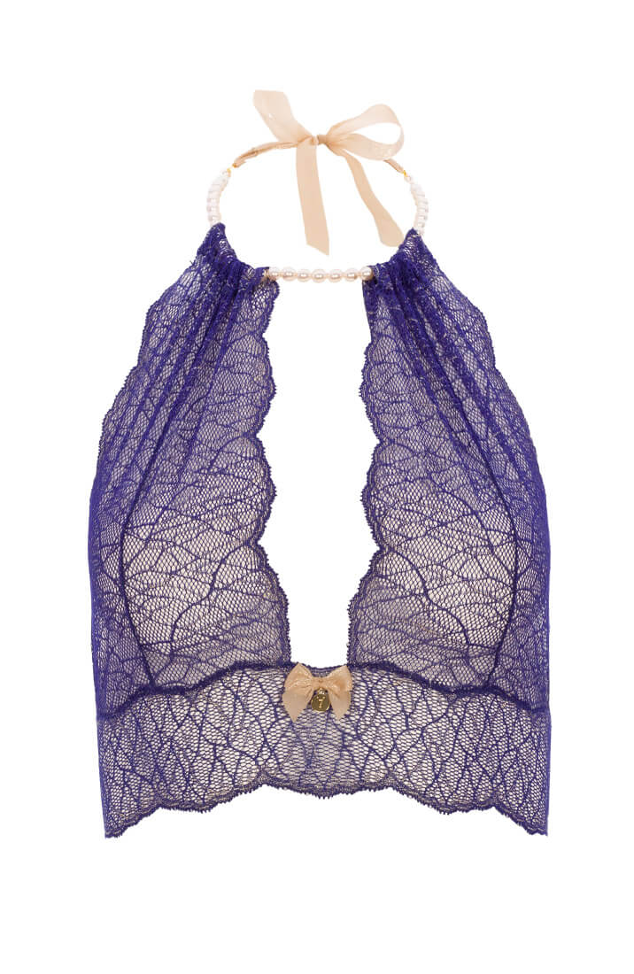 Deep blue lingerie bralette with gold details and white pearl choker from COAX Copenhagen