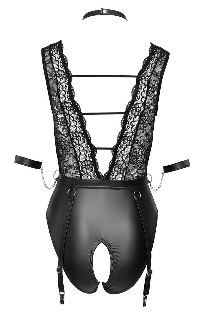 Wet look and lace crotchless bodysuit set with detachable choker and silver chain details