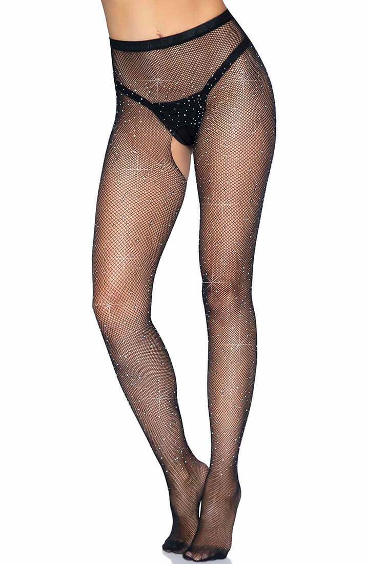 Crotchless fishnet pantyhose with rhinestones