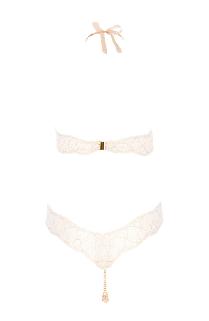 Sensual ivory crotchless bodysuit with pearls by COAX Copenhagen featuring double pearl strings and gold shimmer lace