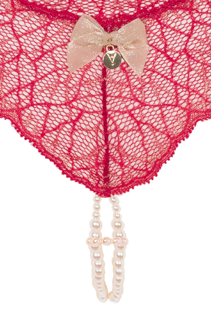 COAX Copenhagen red floral lace thong with double pearl string for intimate pleasure