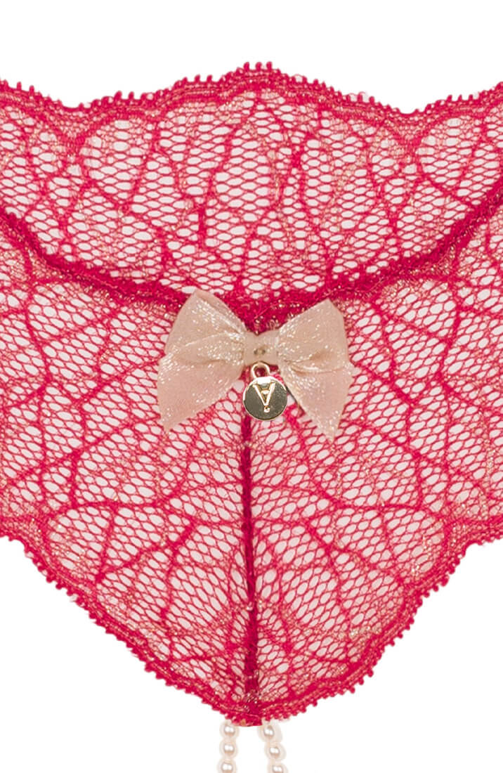 Erotic red lace thong with double Manacor pearls and sensual fit by COAX Copenhagen