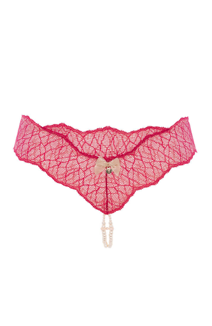 COAX Copenhagen red lingerie thong with white pearls and adjustable pearl ring