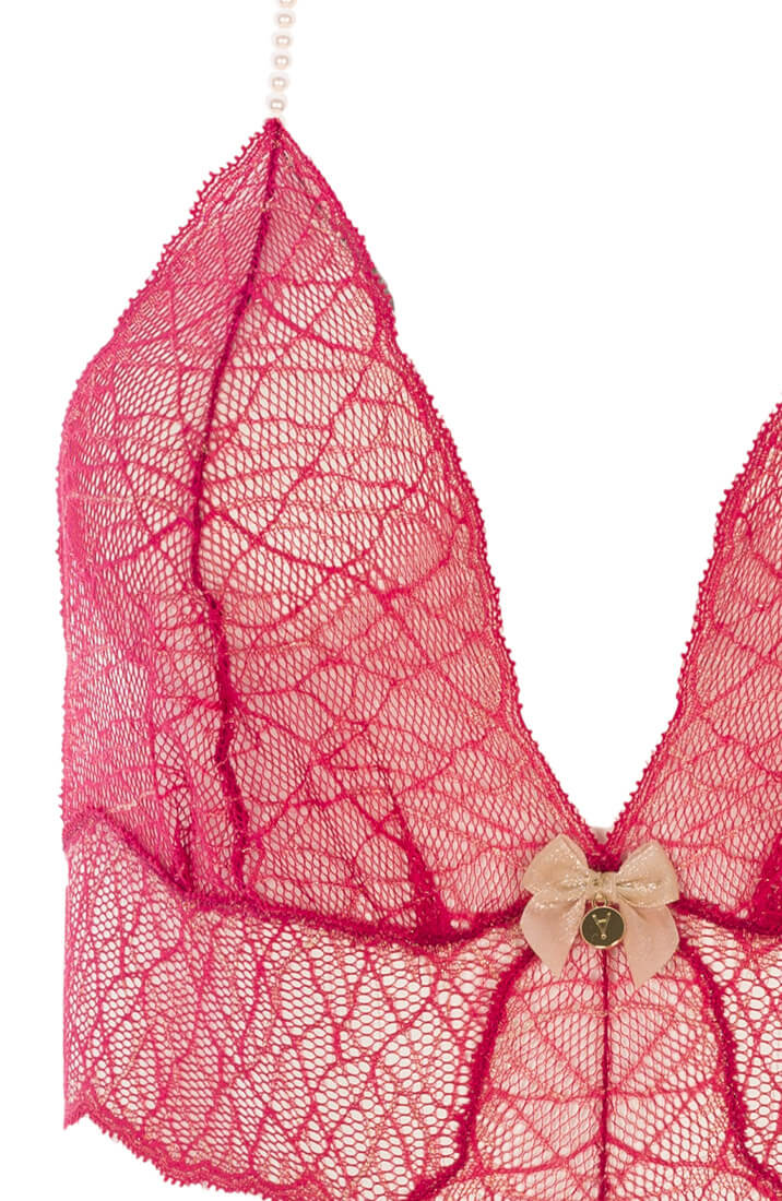 COAX Copenhagen lingerie - red bodysuit with double pearl string and gold lurex accents