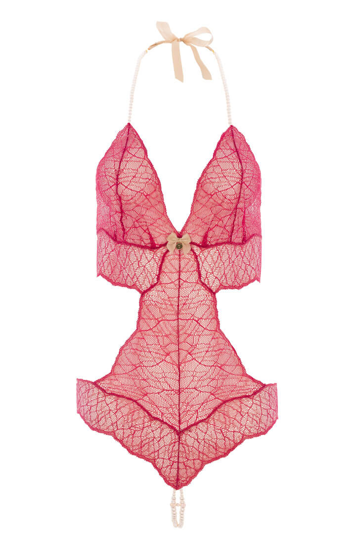 Red Italian lace bodysuit featuring gold lurex and double pearl strings by COAX Copenhagen