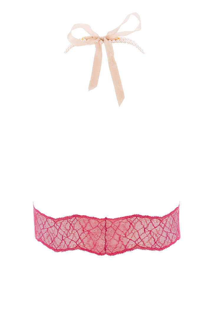 Red Italian lace bralette with plunging neckline and pearl choker accent from COAX Copenhagen