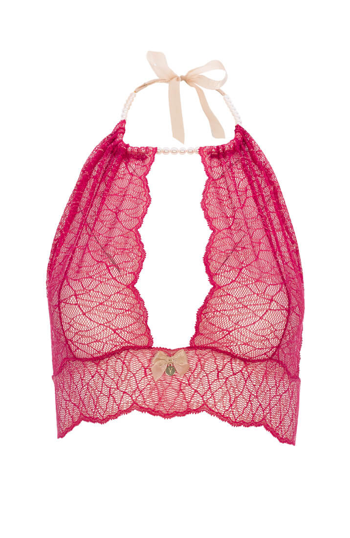 COAX Copenhagen red lingerie bralette with white pearl choker and open-back satin closure