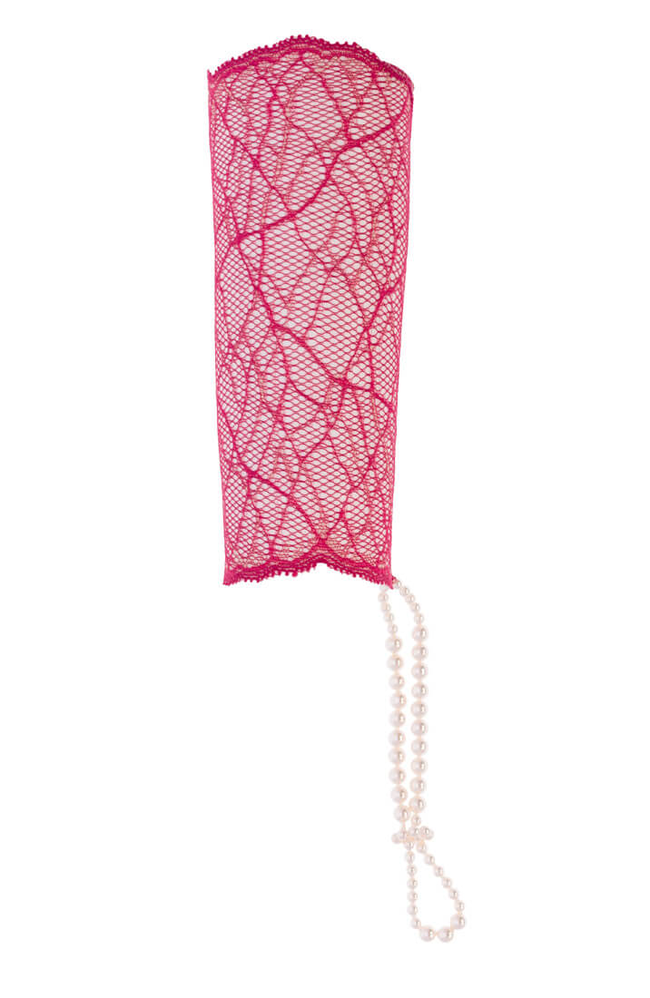 COAX Copenhagen red lace glove with gold lurex and pearl strand for erotic touch