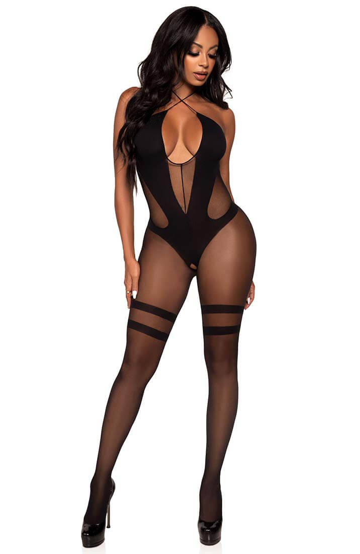 Black keyhole halter bodystocking - Savage Attitude