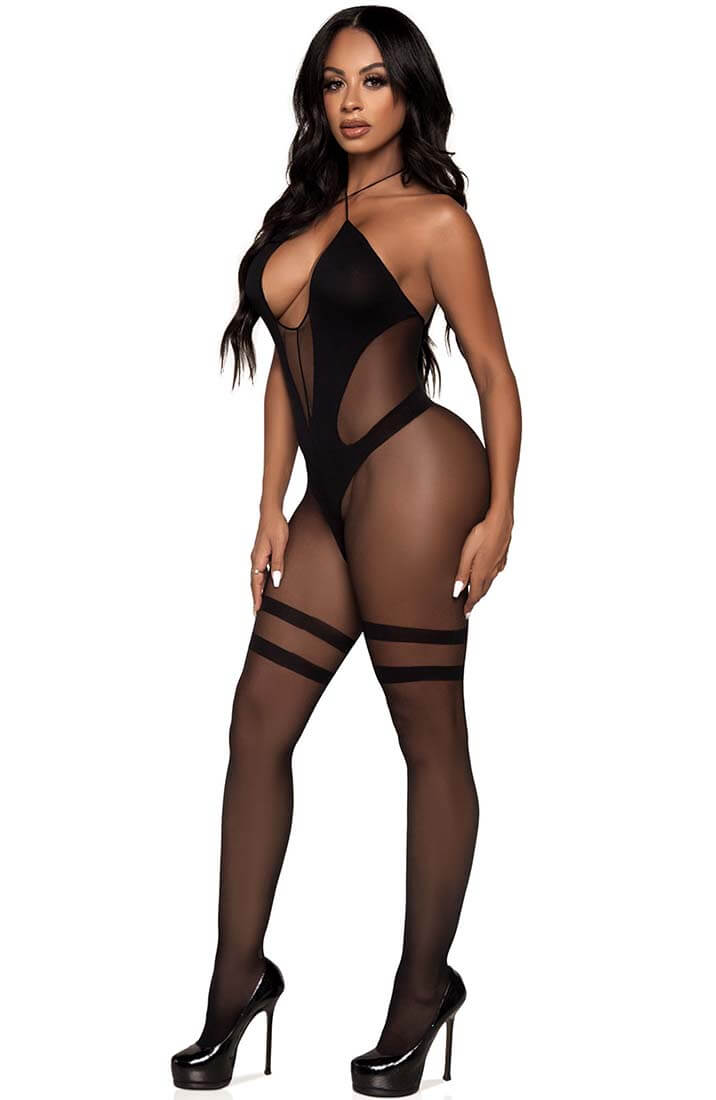 Black keyhole halter bodystocking - Savage Attitude