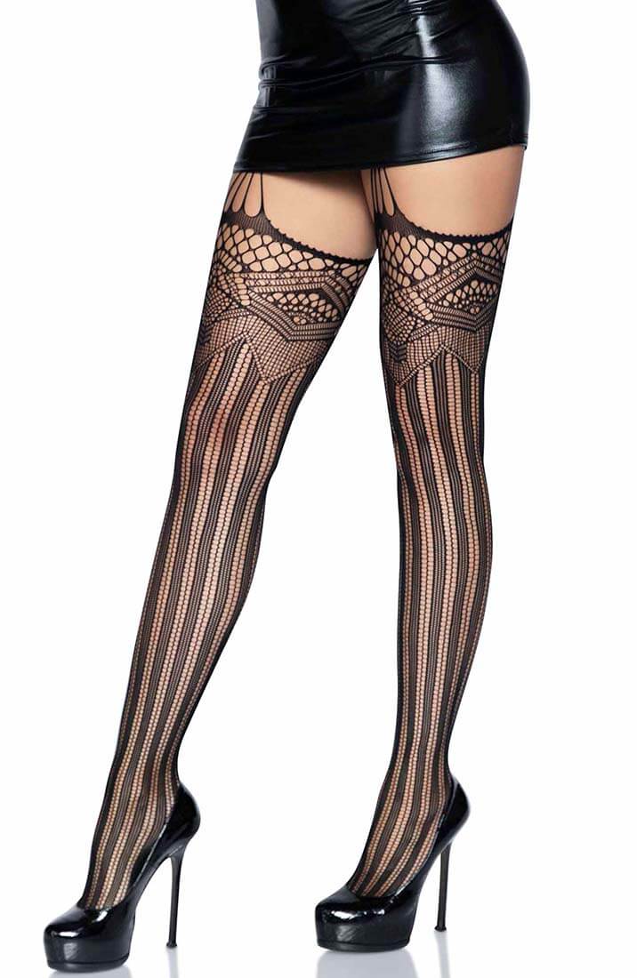 Black Deco net stockings with garter belt