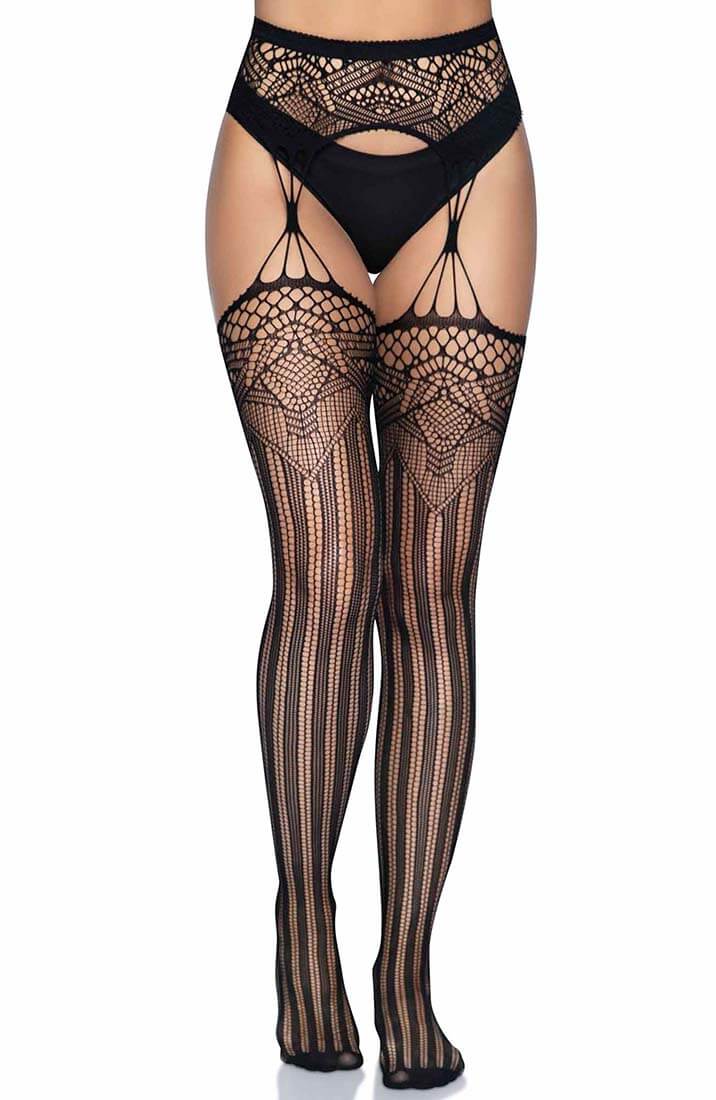 Black Deco net stockings with garter belt