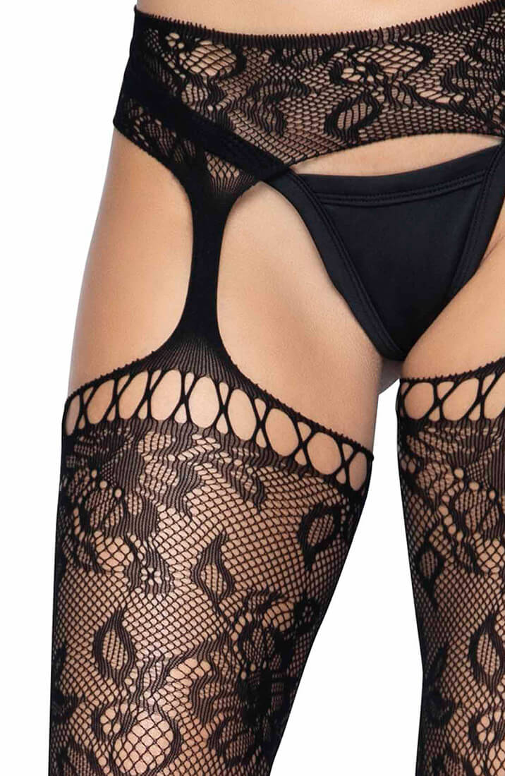 Black crotchless stockings with floral lace