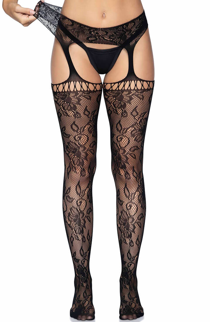 Black crotchless stockings with floral lace