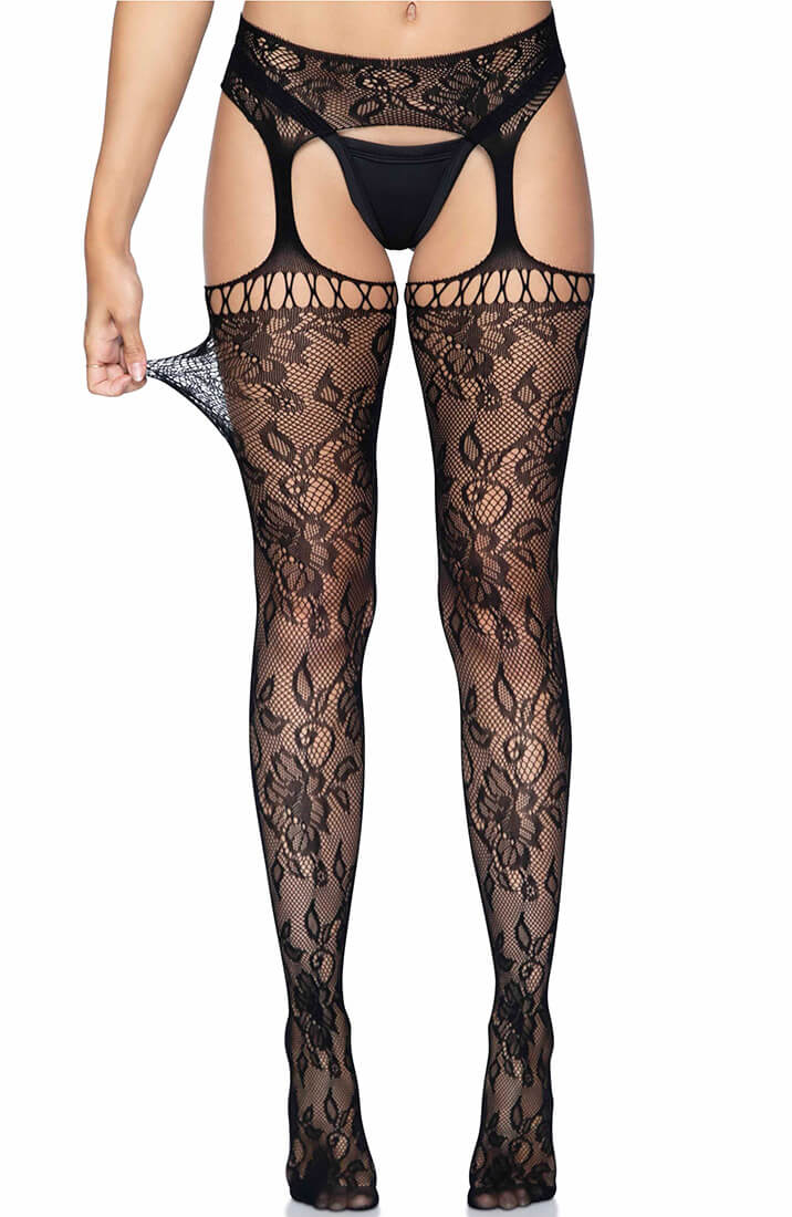 Black crotchless stockings with floral lace