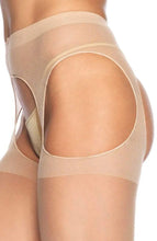 Load image into Gallery viewer, Sheer beige crotchless suspender pantyhose close up