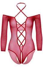 Load image into Gallery viewer, Red fishnet bodysuit with rhinestones