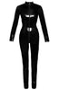 Black long-sleeve vinyl catsuit with a sleek, figure-hugging fit and high-gloss finish