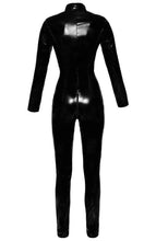 Load image into Gallery viewer, Ultra-shiny black vinyl catsuit with long sleeves - a bold, high-fashion statement