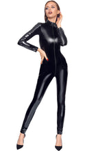 Load image into Gallery viewer, Drenched in high-gloss confidence - black long-sleeve vinyl catsuit designed to make an impact