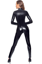 Load image into Gallery viewer, Full-coverage, high-shine black vinyl catsuit with long sleeves - bold, edgy, and ultra-sexy
