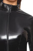Full-body black vinyl catsuit with long sleeves and a liquid-like high-shine effect