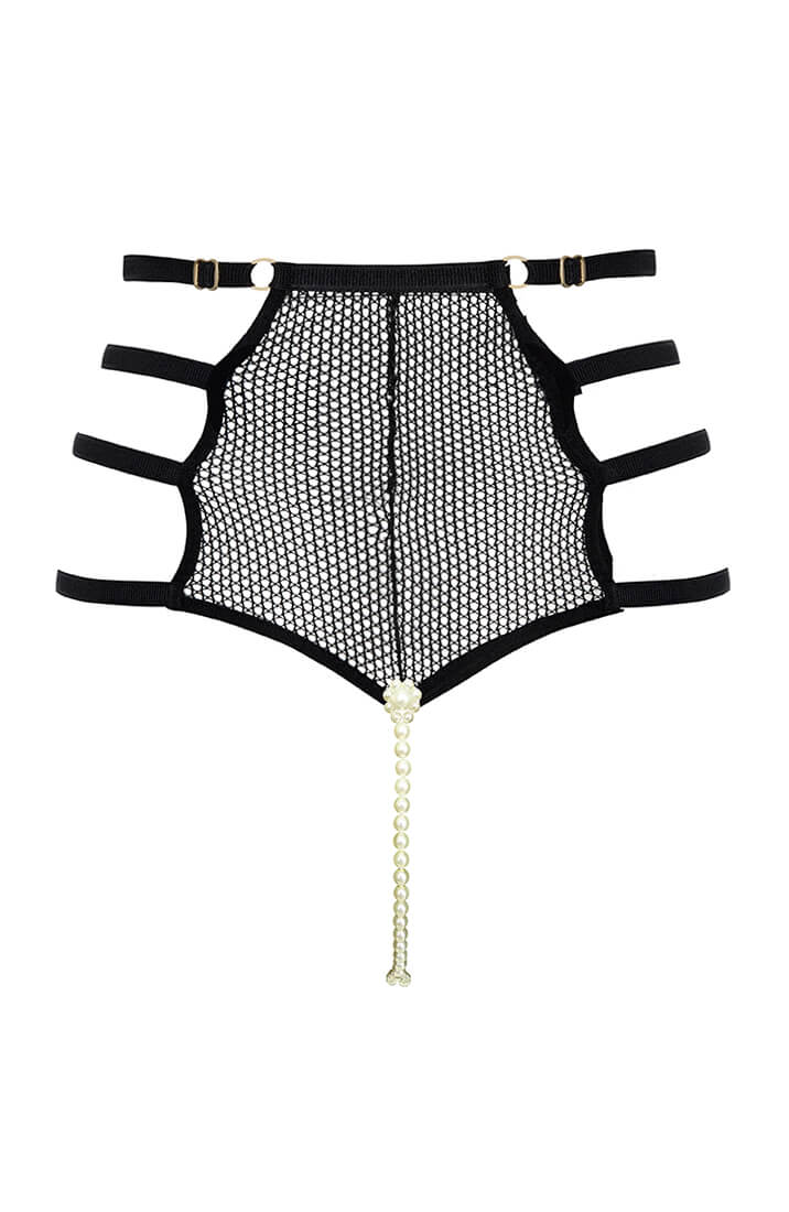 Seductive high-waisted panty featuring twin pearl strings and sheer lace panels
