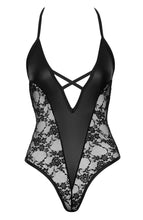 Load image into Gallery viewer, Black lace X wet look bodysuit - Mischievous Fantasies