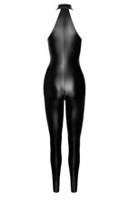 Load image into Gallery viewer, Black wet look halter neck catsuit