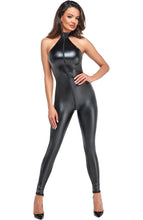 Load image into Gallery viewer, Black wet look halter neck catsuit