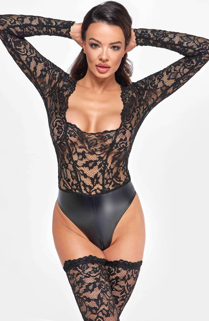 Lace X wet look bodysuit